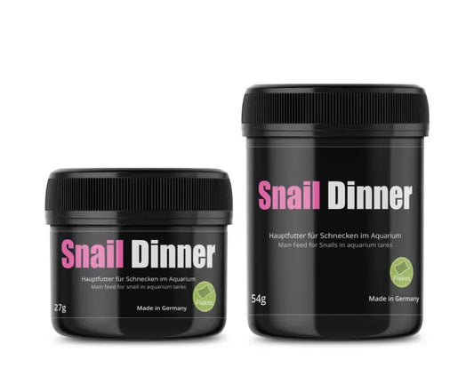 Two black jars labeled 'Snail Dinner' on a white background Glasgarten